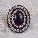 Black Stone Ring embroidered with a gemstone, black onyx, crystals and seed beads